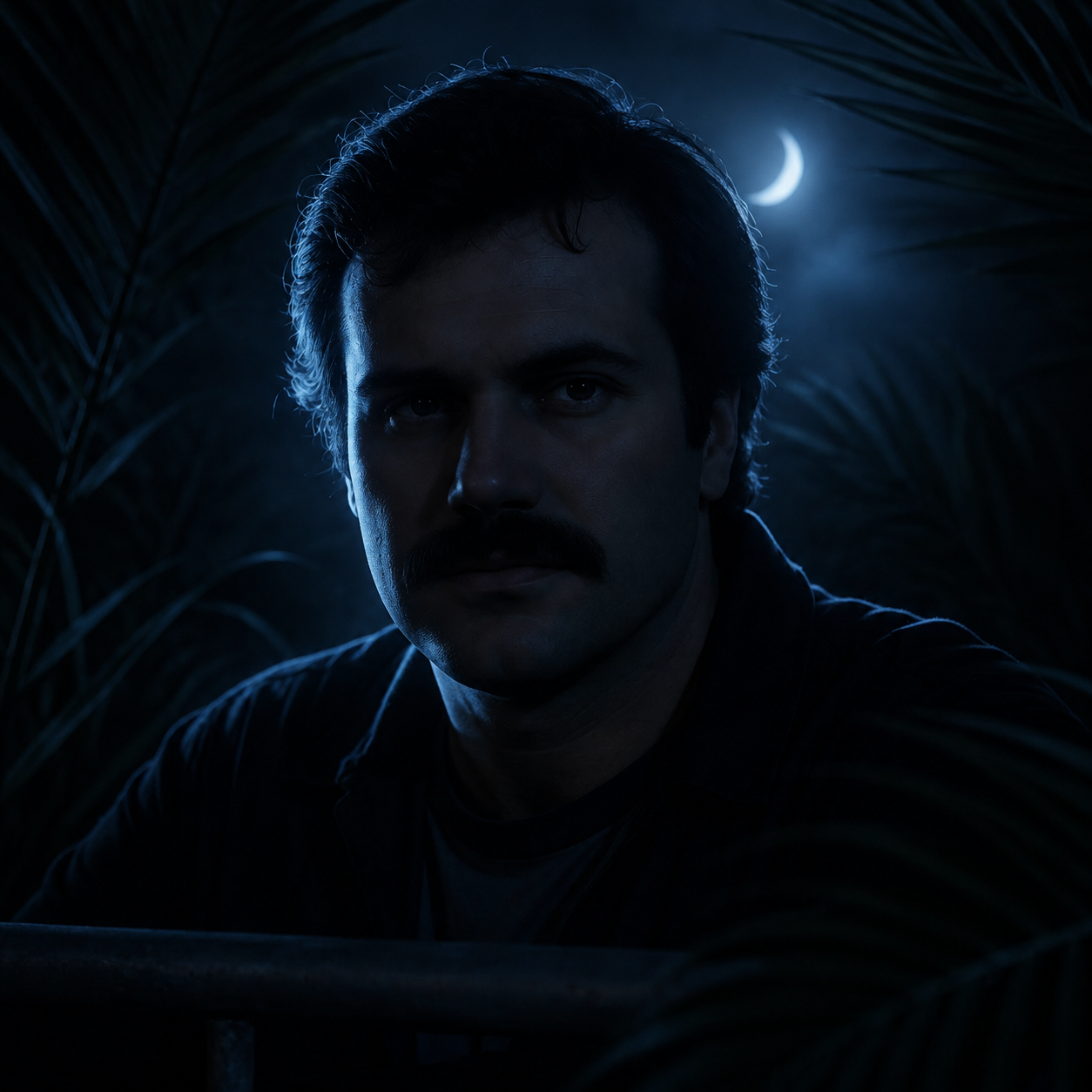 Reconstructed moonlit portrait of a mustached man framed by palm leaves