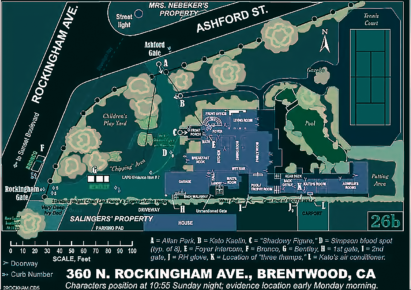 Illustrated evidence map of 360 North Rockingham Avenue showing the residence, gates, driveway, Bronco, guesthouse and reported evidence locations